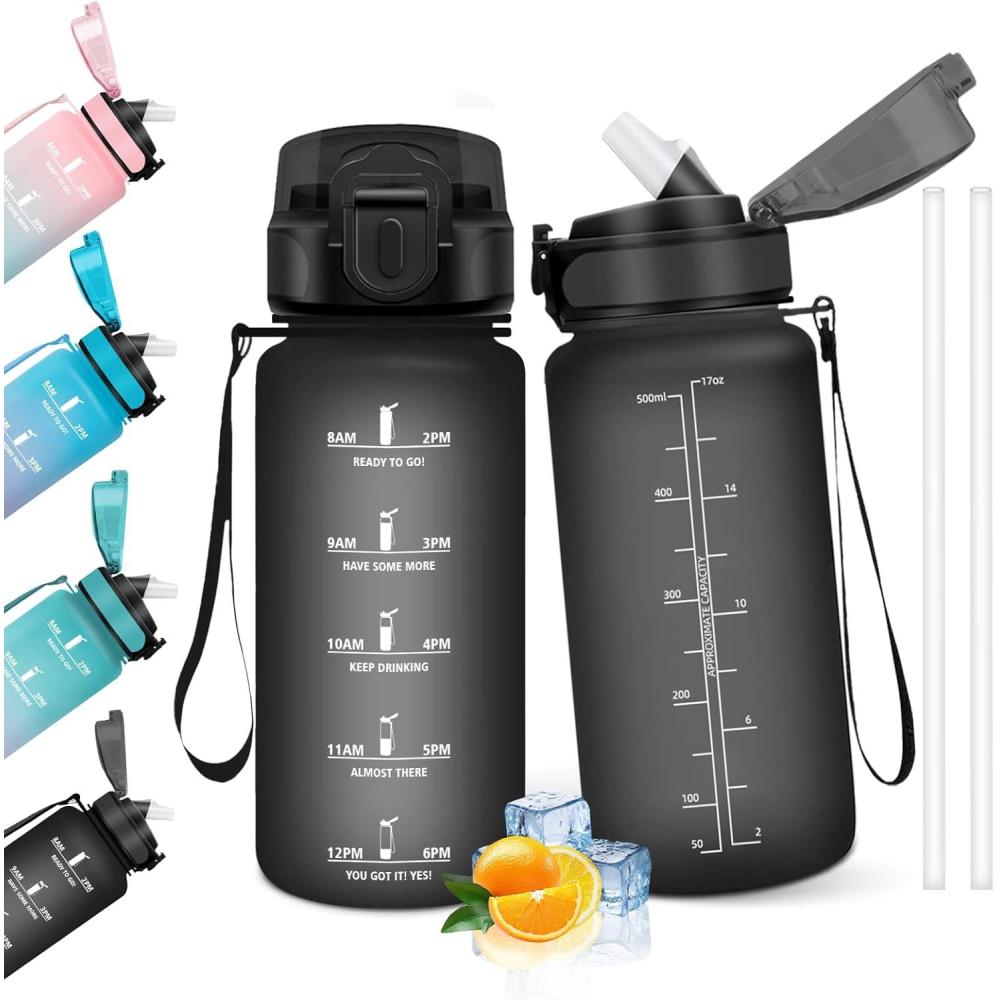 image:imageHoneyHolly Gourde 15L Bouteille Gourde Sport avec Paille Gourde Motivation avec Marqueur de Temps Bouteille deau tanche Bouteille deau pour Randonne Camping Fitness CyclismeNero 500ml