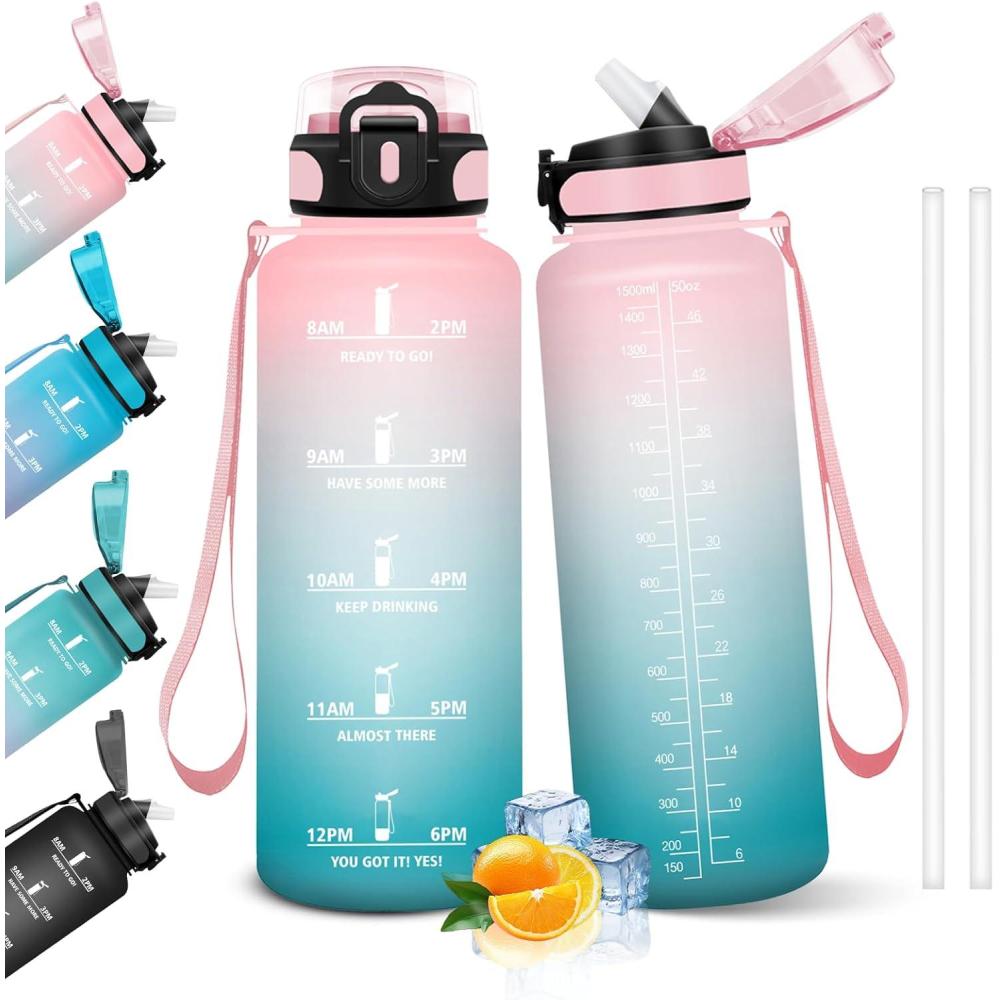image:imageHoneyHolly Gourde 15L Bouteille Gourde Sport avec Paille Gourde Motivation avec Marqueur de Temps Bouteille deau tanche Bouteille deau pour Randonne Camping Fitness CyclismeRosa Ciano 1500ml