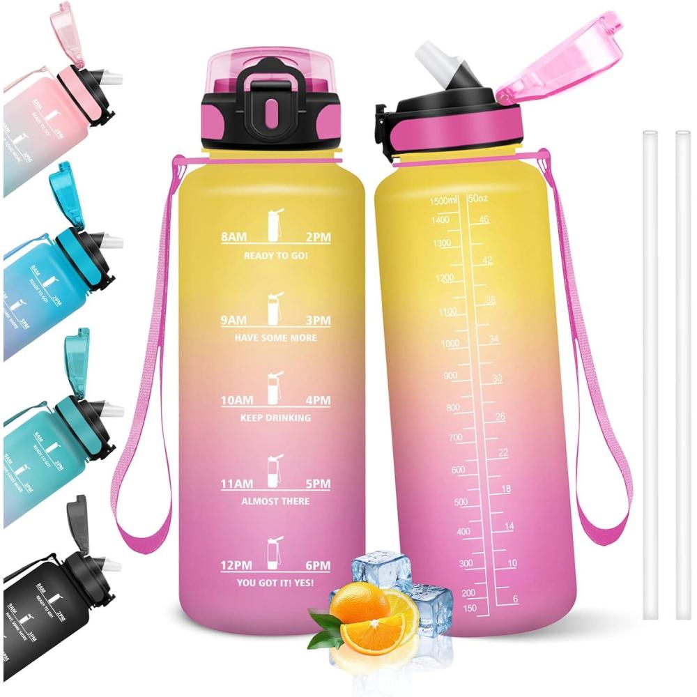 image:imageHoneyHolly Gourde 15L Bouteille Gourde Sport avec Paille Gourde Motivation avec Marqueur de Temps Bouteille deau tanche Bouteille deau pour Randonne Camping Fitness CyclismeGiallo Rosa 1500ml