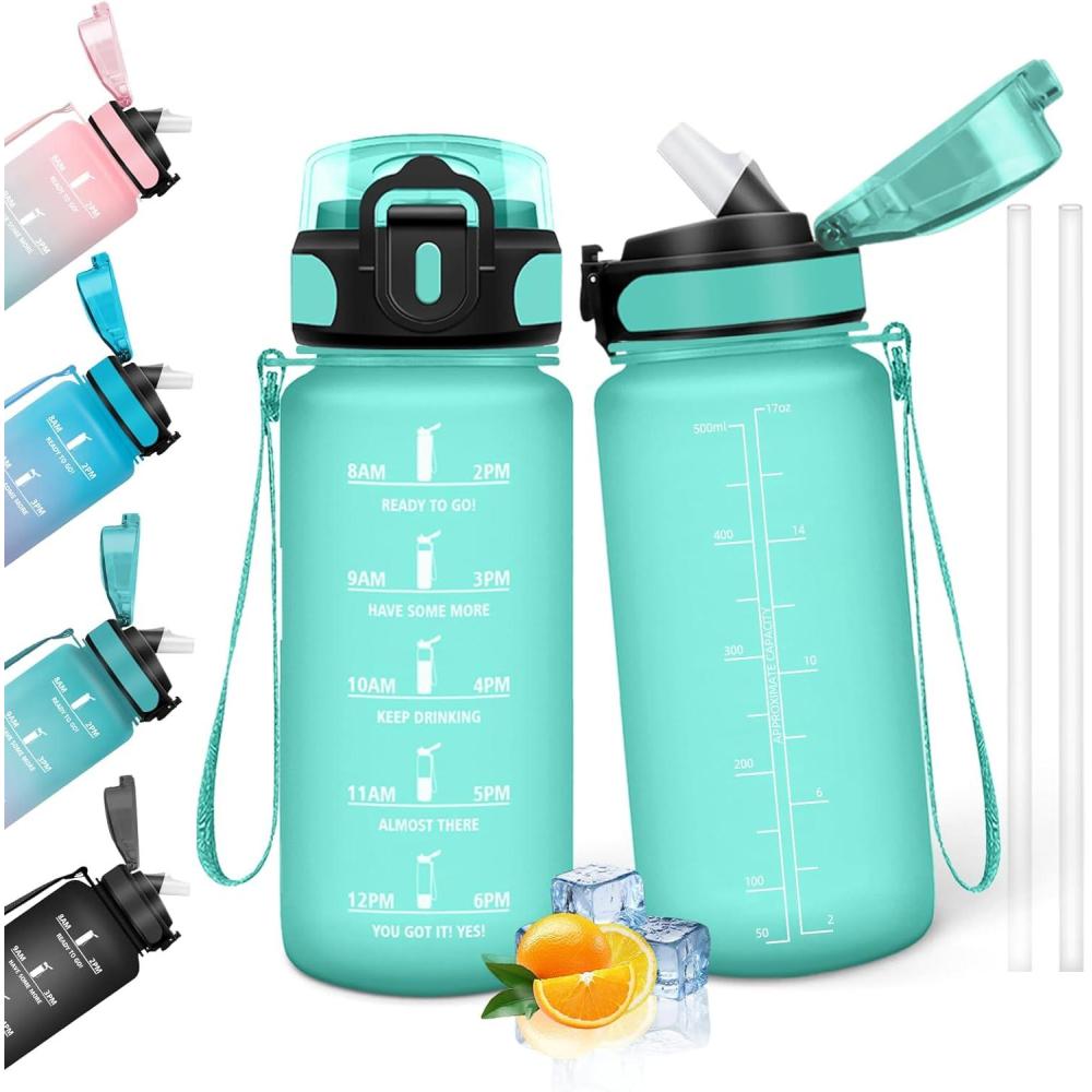image:imageHoneyHolly Gourde 15L Bouteille Gourde Sport avec Paille Gourde Motivation avec Marqueur de Temps Bouteille deau tanche Bouteille deau pour Randonne Camping Fitness CyclismeBlu Verde 500ml