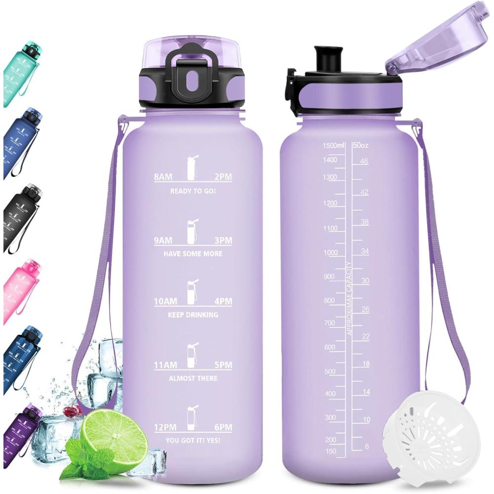 image:imageKollyKolla Gourde 15L Gourde Sport Bouteille Gym tanche ampamp Rutilisable Bouteille deau avec Marqueur de Temps Gourdes Gradue pour 1 Journee sans BPA lcole Voyage Camping Randonne50oz1500ml Mat Violet Clair
