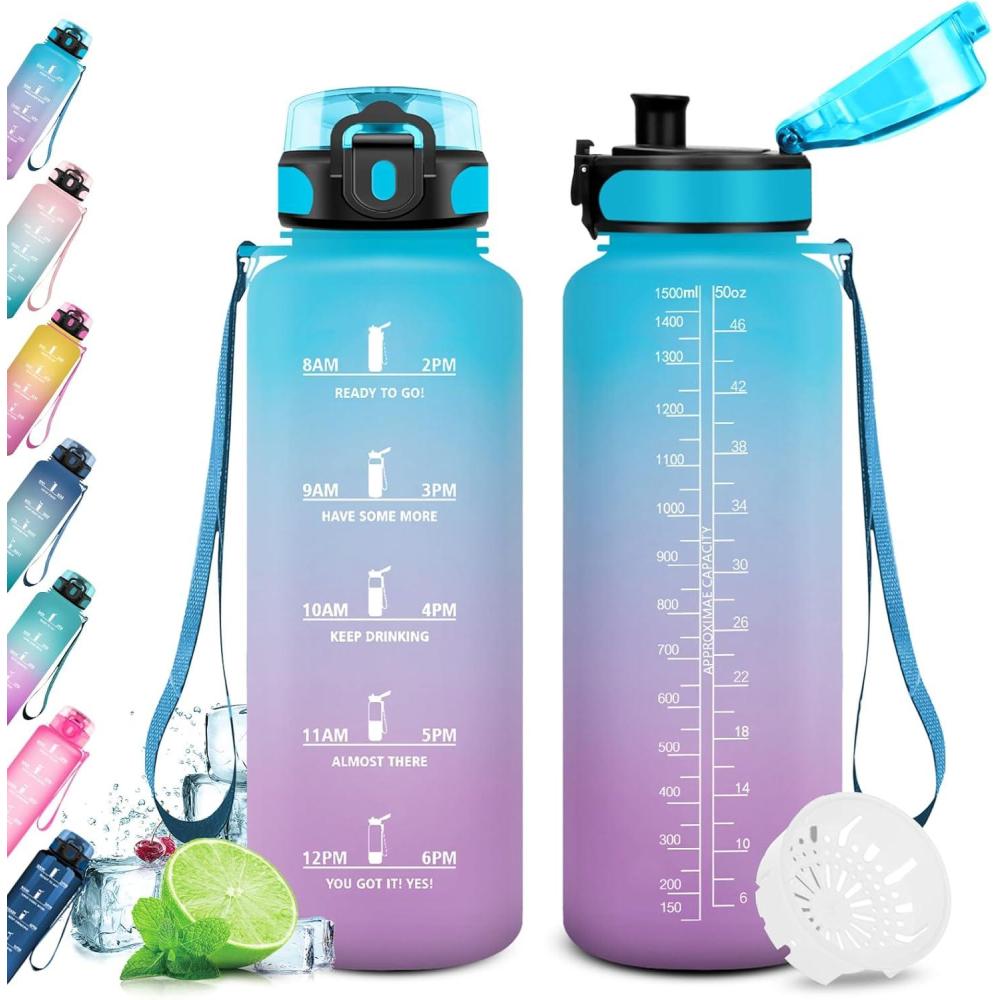image:imageKollyKolla Gourde 15L Gourde Sport Bouteille Gym tanche ampamp Rutilisable Bouteille deau avec Marqueur de Temps Gourdes Gradue pour 1 Journee sans BPA lcole Voyage Camping Randonne50oz1500ml Bleu Lilas