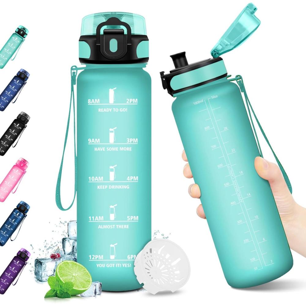 image:imageKollyKolla Gourde 15L Gourde Sport Bouteille Gym tanche ampamp Rutilisable Bouteille deau avec Marqueur de Temps Gourdes Gradue pour 1 Journee sans BPA lcole Voyage Camping Randonne32oz1000ml  Mat Bleuvert