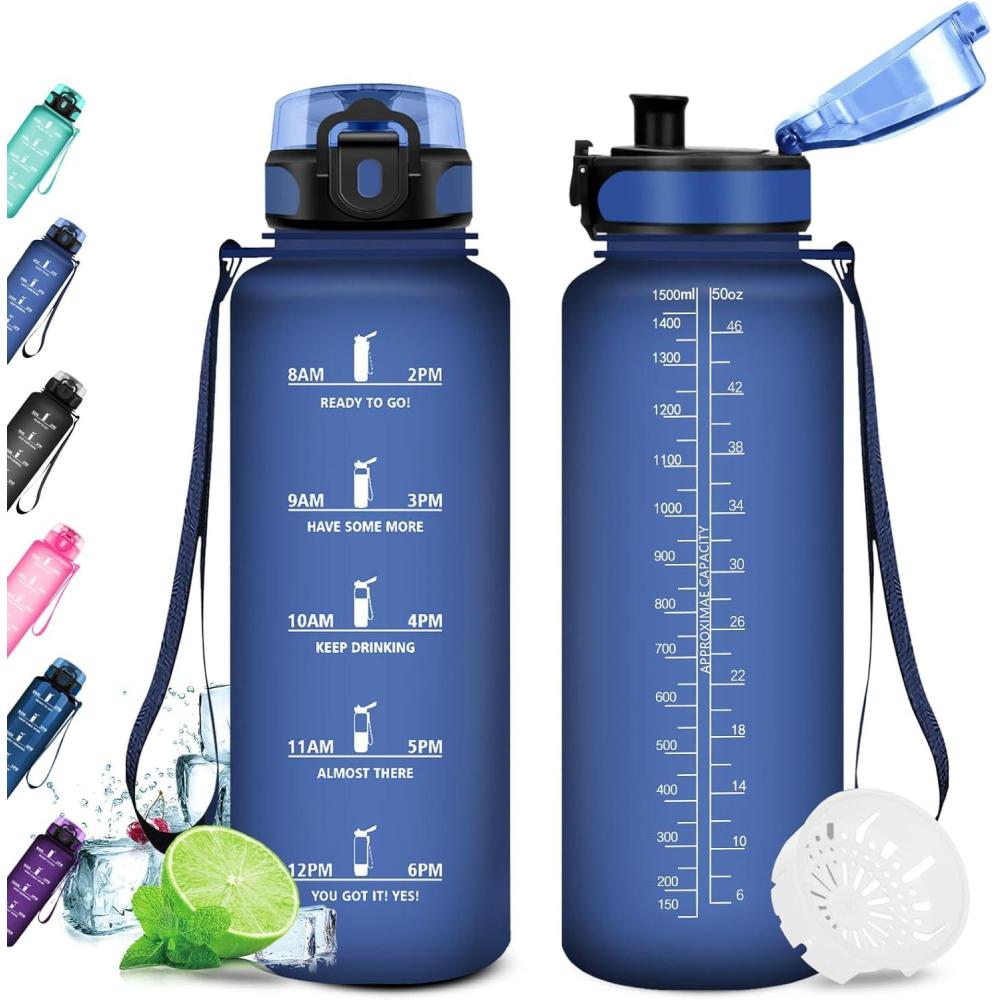 image:imageKollyKolla Gourde 15L Gourde Sport Bouteille Gym tanche ampamp Rutilisable Bouteille deau avec Marqueur de Temps Gourdes Gradue pour 1 Journee sans BPA lcole Voyage Camping Randonne50oz1500ml Mat Marine Bleu