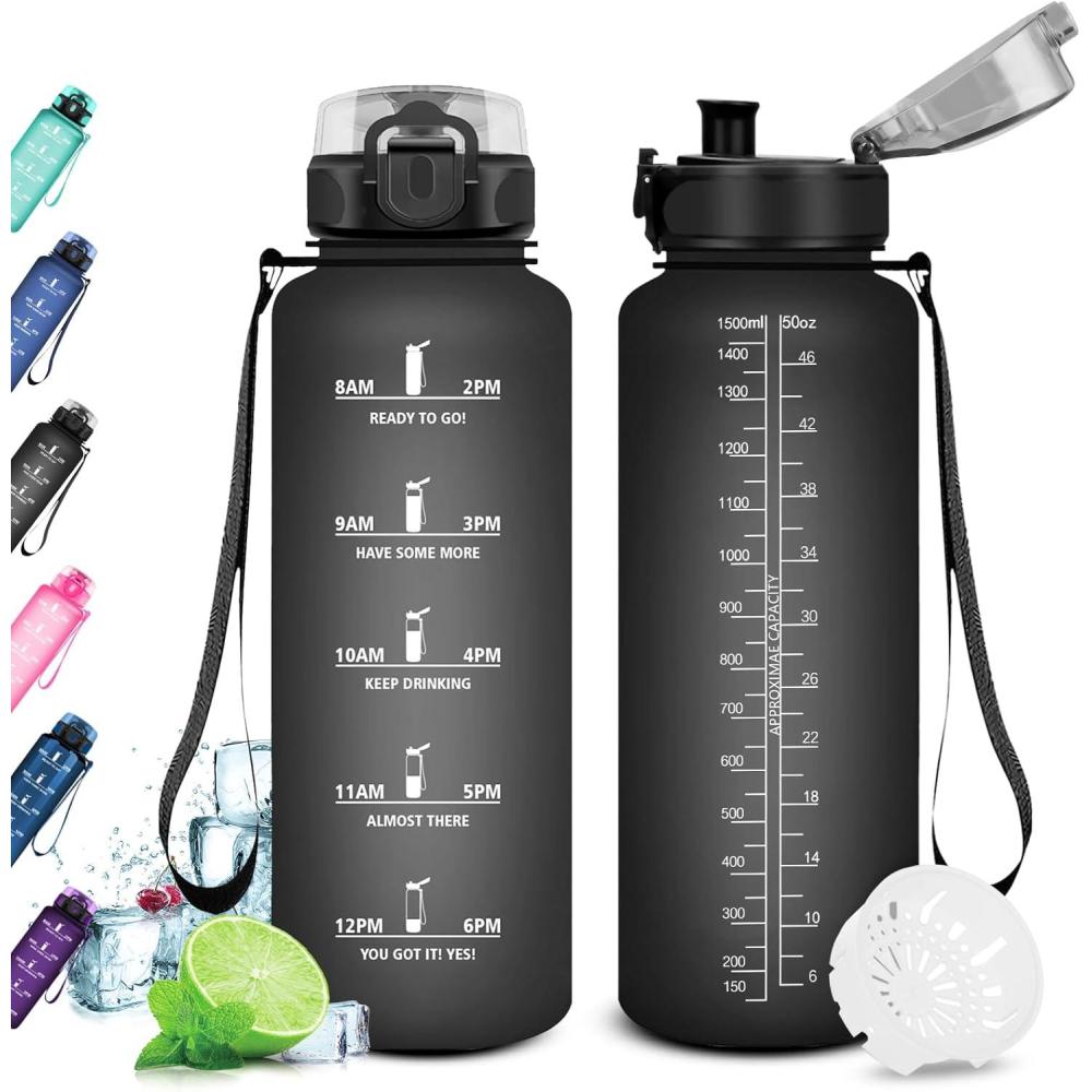 image:imageKollyKolla Gourde 15L Gourde Sport Bouteille Gym tanche ampamp Rutilisable Bouteille deau avec Marqueur de Temps Gourdes Gradue pour 1 Journee sans BPA lcole Voyage Camping Randonne50oz1500ml Mat Noir