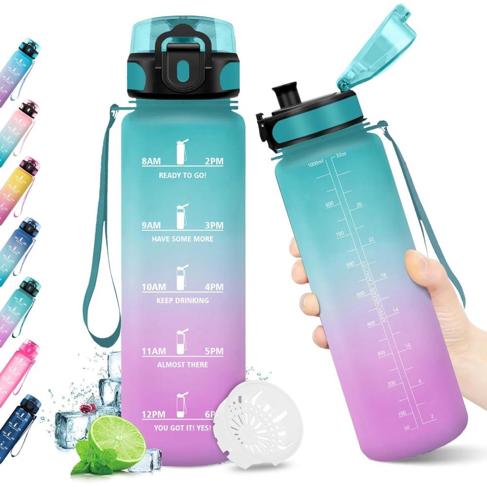 image:imageKollyKolla Gourde 15L Gourde Sport Bouteille Gym tanche ampamp Rutilisable Bouteille deau avec Marqueur de Temps Gourdes Gradue pour 1 Journee sans BPA lcole Voyage Camping Randonne32oz1000ml  Vert  Rose Clair