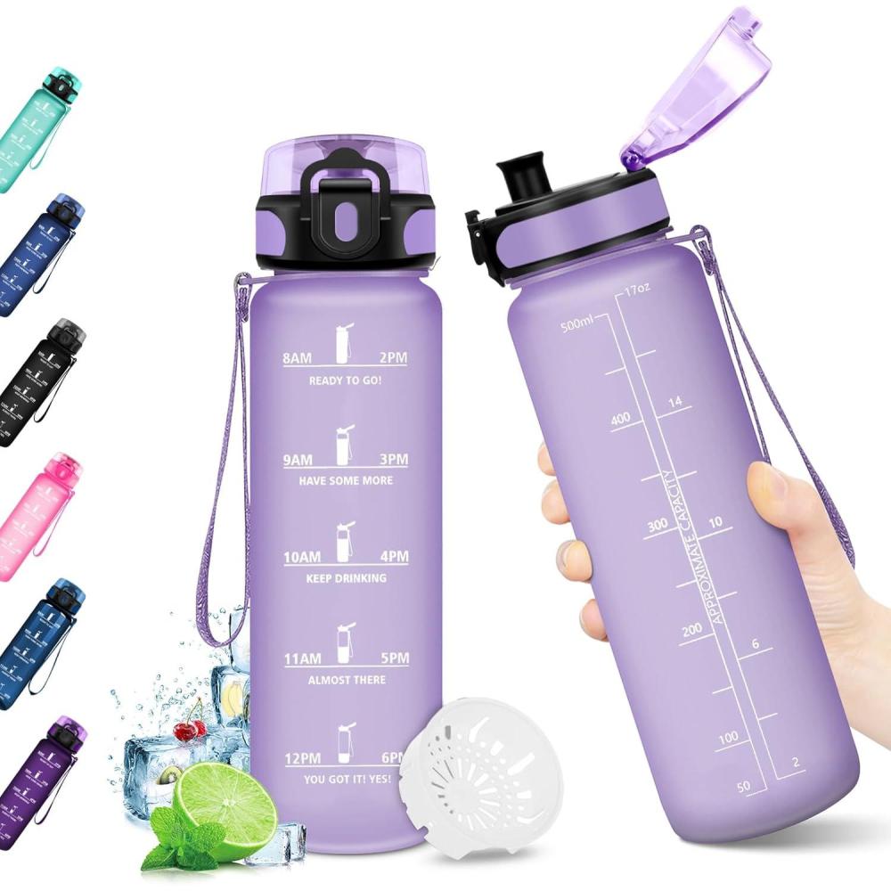 image:imageKollyKolla Gourde 15L Gourde Sport Bouteille Gym tanche ampamp Rutilisable Bouteille deau avec Marqueur de Temps Gourdes Gradue pour 1 Journee sans BPA lcole Voyage Camping Randonne17oz500ml Mat Violet Clair