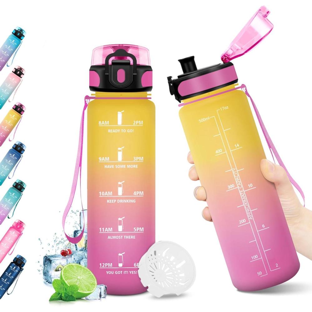 image:imageKollyKolla Gourde 15L Gourde Sport Bouteille Gym tanche ampamp Rutilisable Bouteille deau avec Marqueur de Temps Gourdes Gradue pour 1 Journee sans BPA lcole Voyage Camping Randonne17oz500ml  Jaune  Rose
