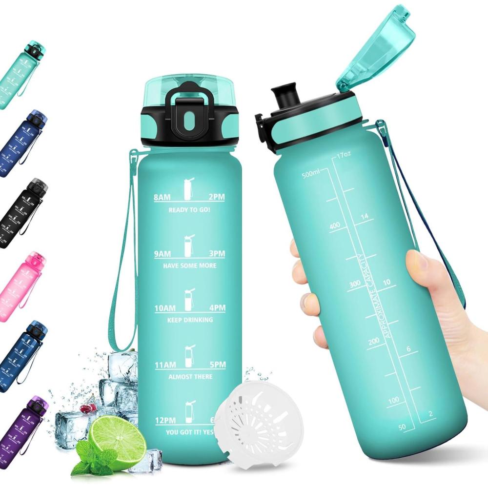 image:imageKollyKolla Gourde 15L Gourde Sport Bouteille Gym tanche ampamp Rutilisable Bouteille deau avec Marqueur de Temps Gourdes Gradue pour 1 Journee sans BPA lcole Voyage Camping Randonne17oz500ml  Mat Bleuvert