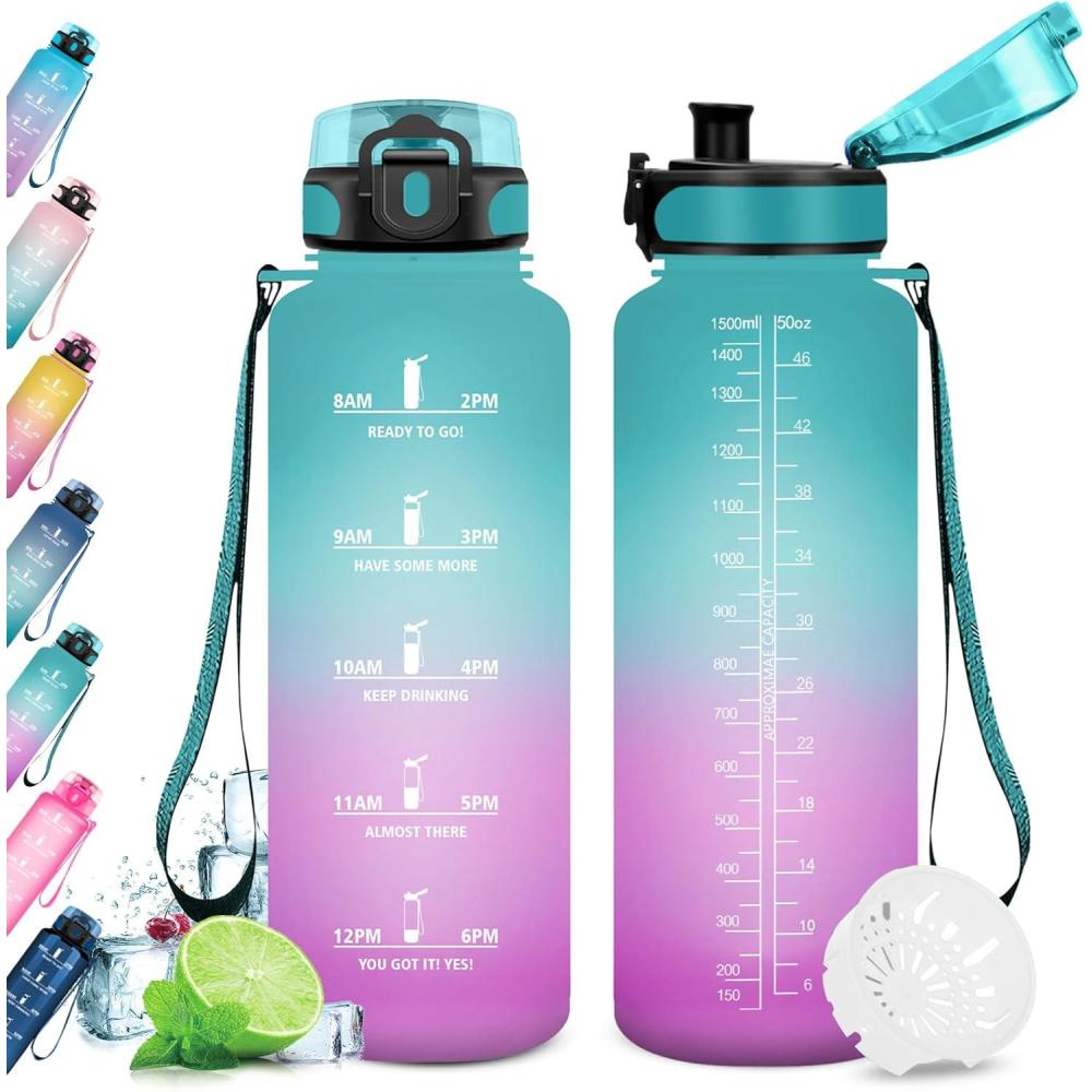 image:imageKollyKolla Gourde 15L Gourde Sport Bouteille Gym tanche ampamp Rutilisable Bouteille deau avec Marqueur de Temps Gourdes Gradue pour 1 Journee sans BPA lcole Voyage Camping Randonne50oz1500ml Vert Rose Clair