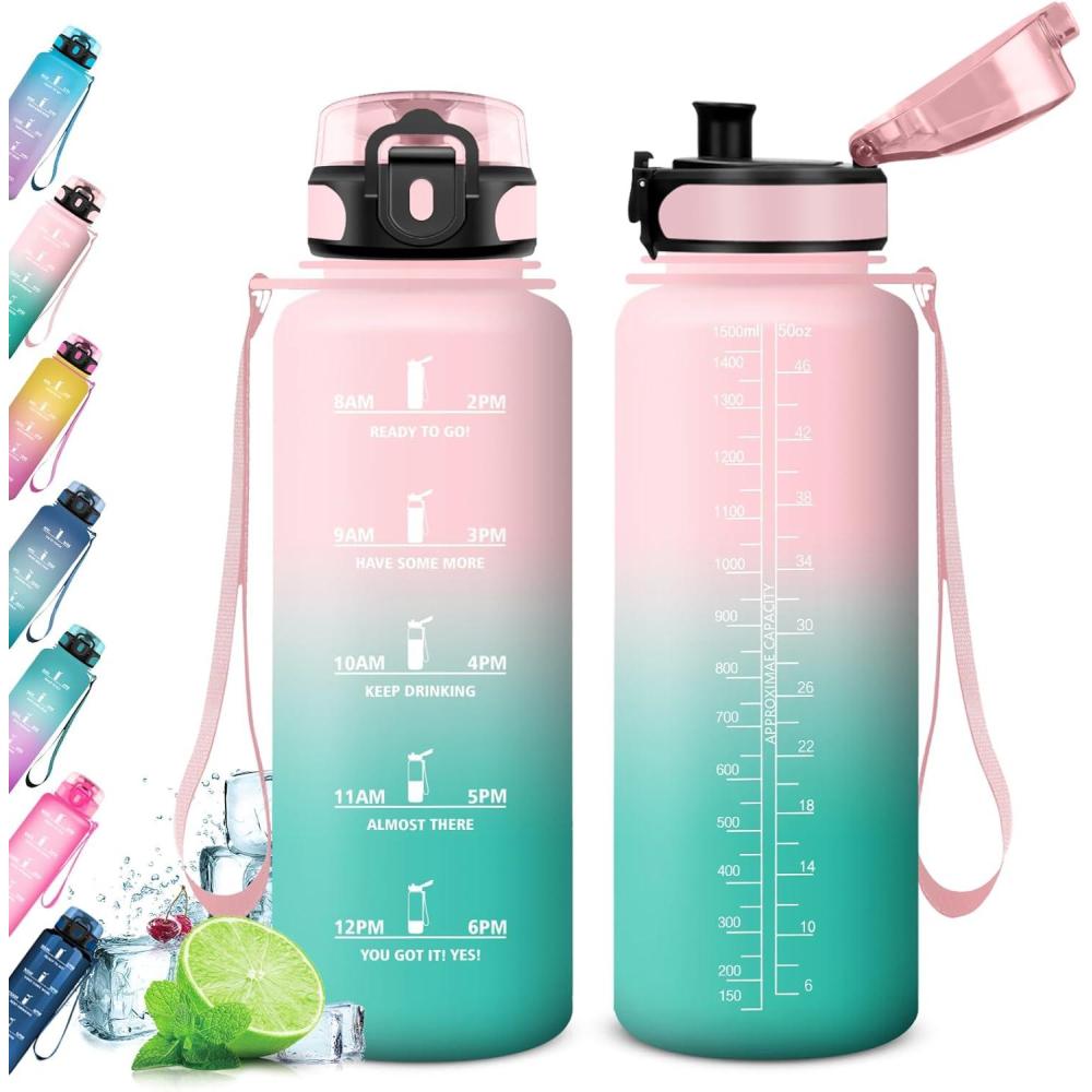 image:imageKollyKolla Gourde 15L Gourde Sport Bouteille Gym tanche ampamp Rutilisable Bouteille deau avec Marqueur de Temps Gourdes Gradue pour 1 Journee sans BPA lcole Voyage Camping Randonne50oz1500ml Rose Cyan