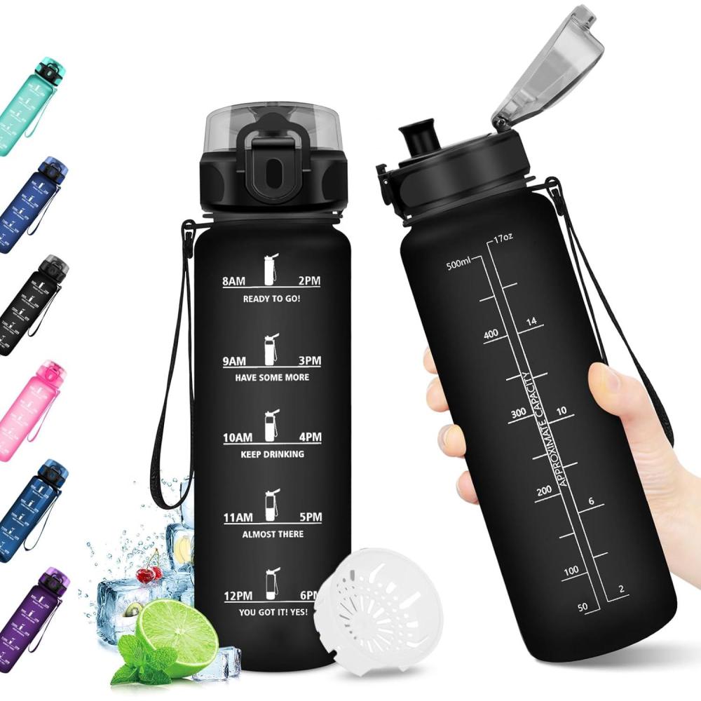 image:imageKollyKolla Gourde 15L Gourde Sport Bouteille Gym tanche ampamp Rutilisable Bouteille deau avec Marqueur de Temps Gourdes Gradue pour 1 Journee sans BPA lcole Voyage Camping Randonne17oz500ml Mat Noir
