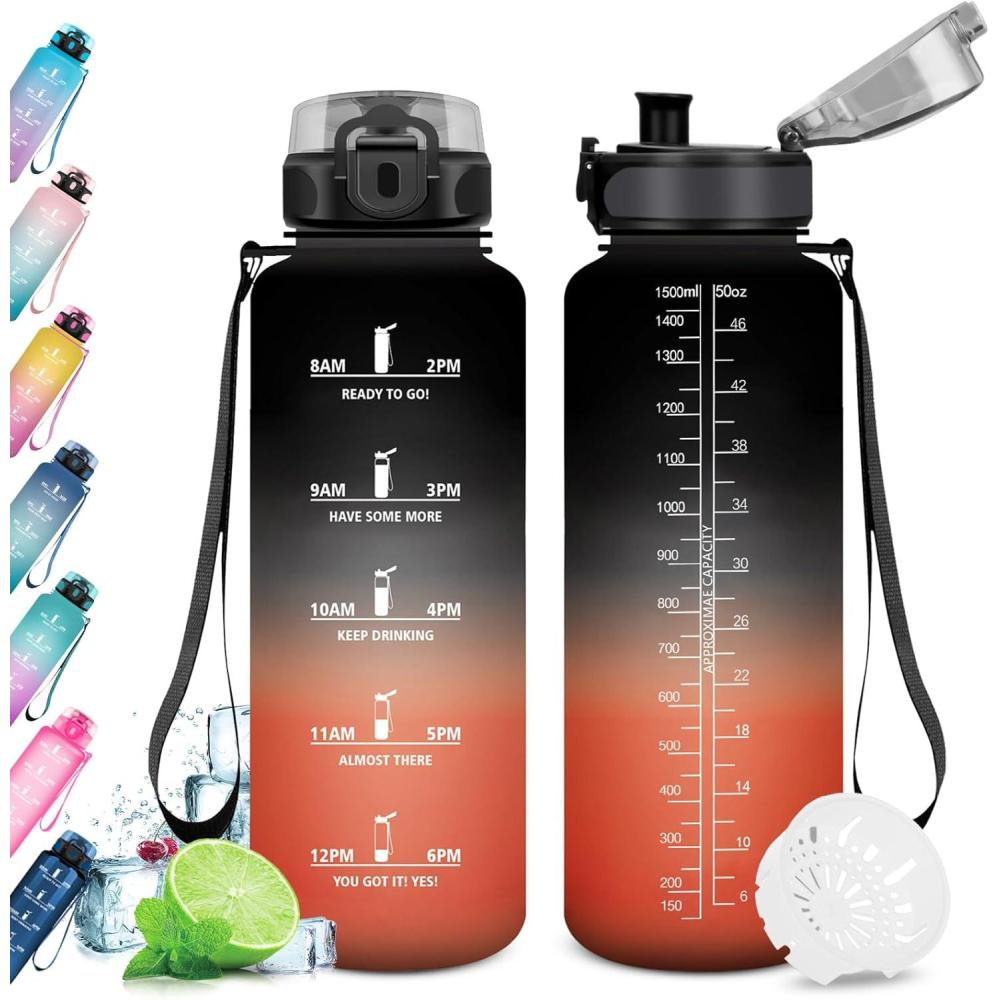 image:imageKollyKolla Gourde 15L Gourde Sport Bouteille Gym tanche ampamp Rutilisable Bouteille deau avec Marqueur de Temps Gourdes Gradue pour 1 Journee sans BPA lcole Voyage Camping Randonne50oz1500ml Noir Rouge