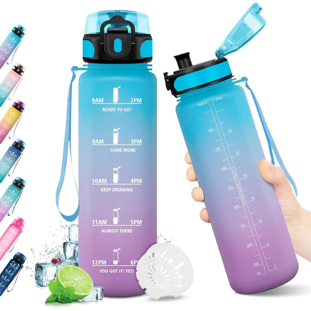 image:imageKollyKolla Gourde 15L Gourde Sport Bouteille Gym tanche ampamp Rutilisable Bouteille deau avec Marqueur de Temps Gourdes Gradue pour 1 Journee sans BPA lcole Voyage Camping Randonne32oz1000ml  Bleu  Lilas