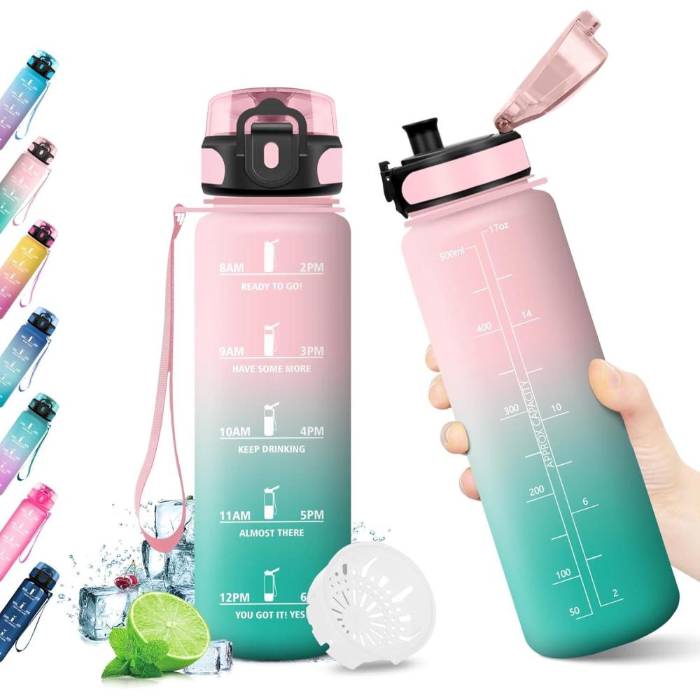 image:imageKollyKolla Gourde 15L Gourde Sport Bouteille Gym tanche ampamp Rutilisable Bouteille deau avec Marqueur de Temps Gourdes Gradue pour 1 Journee sans BPA lcole Voyage Camping Randonne17oz500ml Rose Cyan