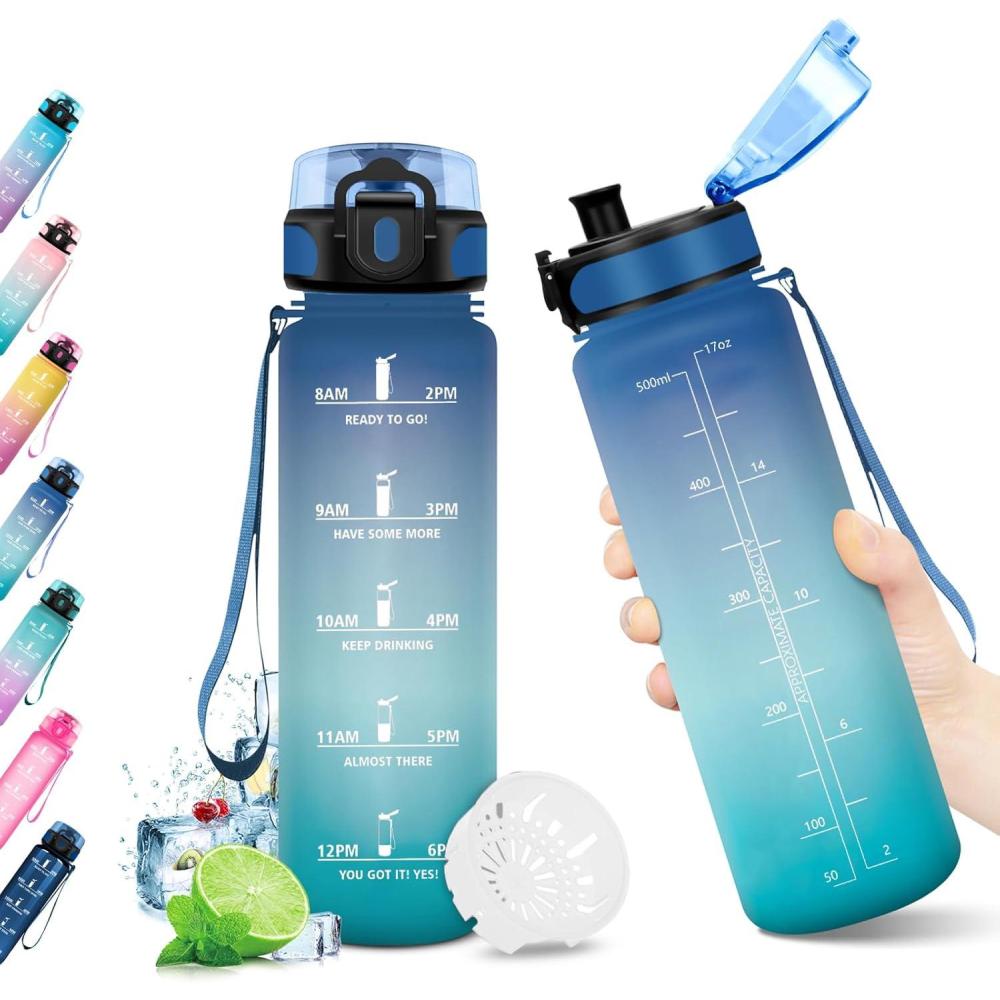 image:imageKollyKolla Gourde 15L Gourde Sport Bouteille Gym tanche ampamp Rutilisable Bouteille deau avec Marqueur de Temps Gourdes Gradue pour 1 Journee sans BPA lcole Voyage Camping Randonne17oz500ml Bleu Vert