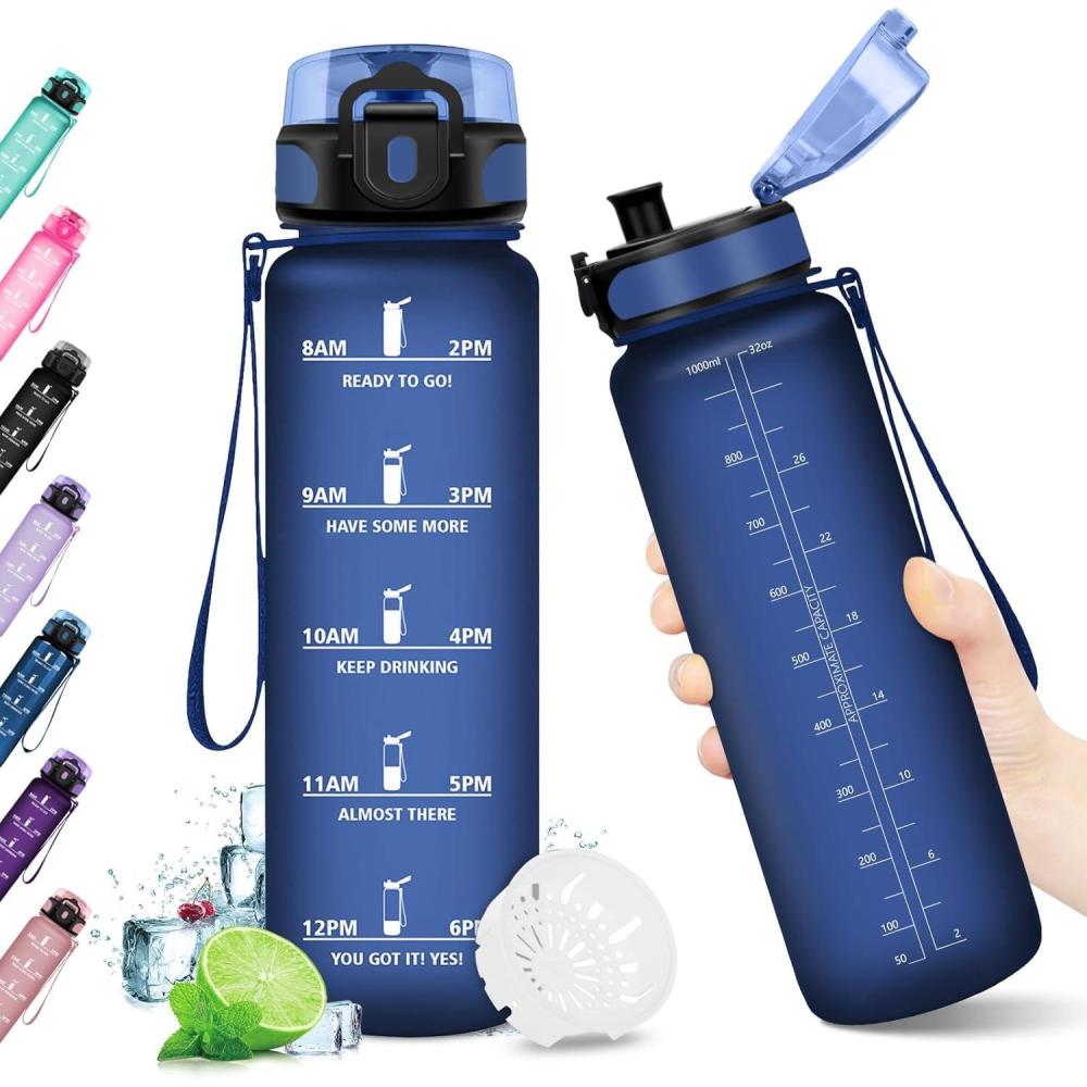 image:imageKollyKolla Gourde 15L Gourde Sport Bouteille Gym tanche ampamp Rutilisable Bouteille deau avec Marqueur de Temps Gourdes Gradue pour 1 Journee sans BPA lcole Voyage Camping Randonne32oz1000ml  Mat Marine Bleu