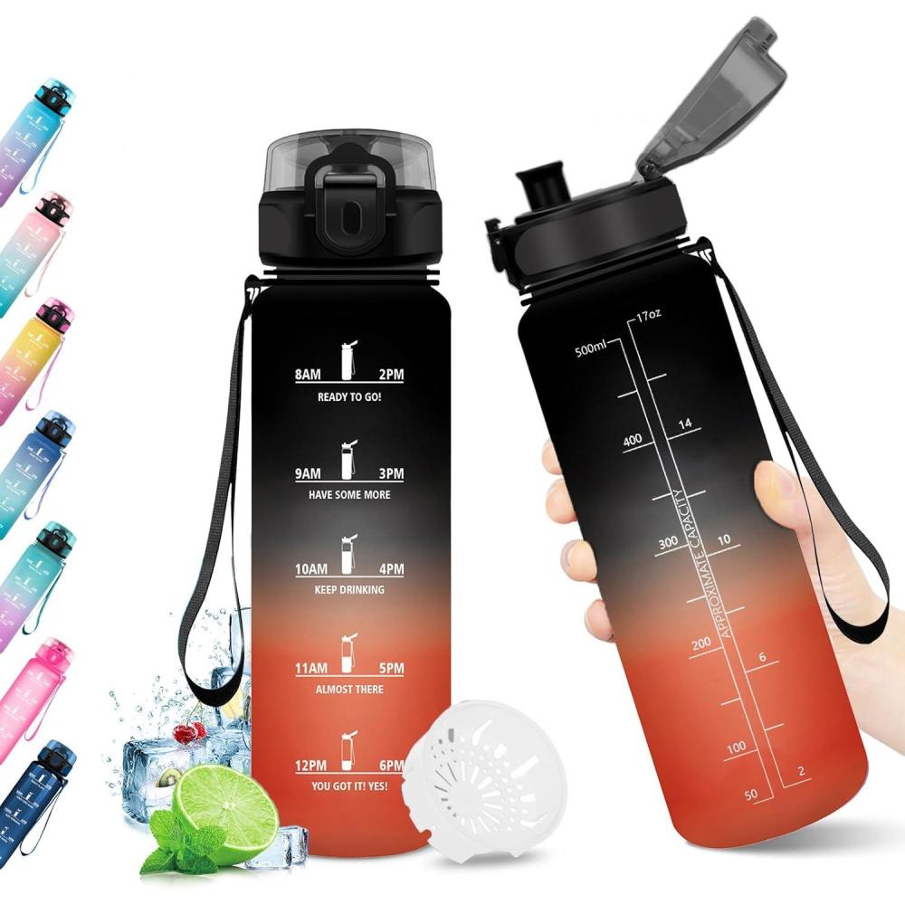 image:imageKollyKolla Gourde 15L Gourde Sport Bouteille Gym tanche ampamp Rutilisable Bouteille deau avec Marqueur de Temps Gourdes Gradue pour 1 Journee sans BPA lcole Voyage Camping Randonne17oz500ml Noir Rouge