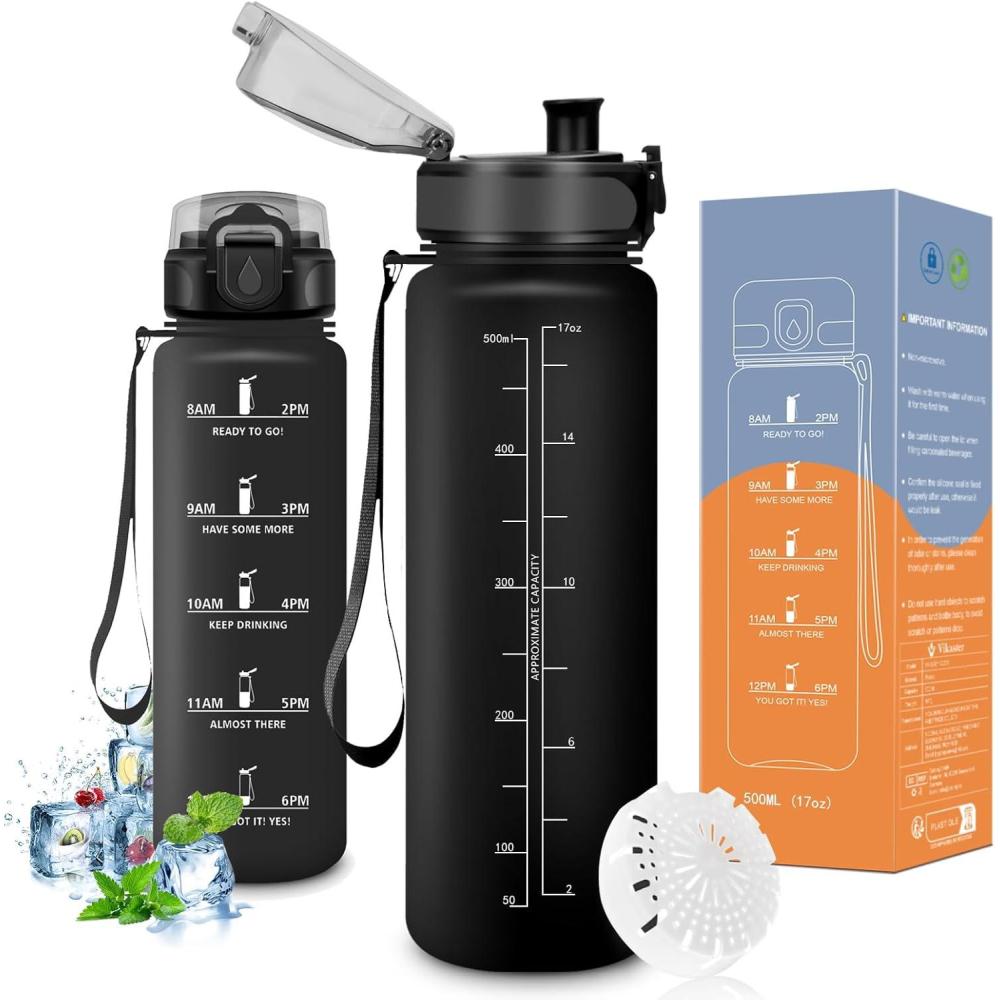 image:imageVikaster Bouteille deau Gourde 500ml1000ml1500ml sans BPA tanche ampamp Rutilisable Convient Pour la Sport Gourde Randonne Yoga Camping GymAmat Noir