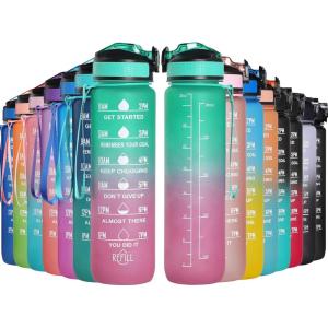 GeeRic Bouteille d&rsquo;eau, Bouteille d&rsquo;eau de Sport 1000 ML avec échelle et Marqueur de Temps, Grande Bouteille d&rsquo;eau étanche pour la Salle de Sport en Plein Air(Dégradé Vert et Violet)