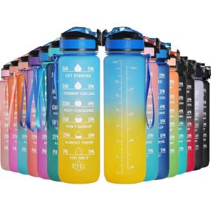 GeeRic Bouteille d&rsquo;eau, Bouteille d&rsquo;eau de Sport 1000 ML avec échelle et Marqueur de Temps, Grande Bouteille d&rsquo;eau étanche pour la Salle de Sport en Plein Air(Dégradé Bleu et Jaune)