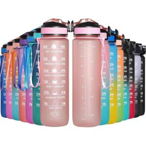 GeeRic Bouteille d&rsquo;eau, Bouteille d&rsquo;eau de Sport 1000 ML avec échelle et Marqueur de Temps, Grande Bouteille d&rsquo;eau étanche pour la Salle de Sport en Plein Air(Rose)