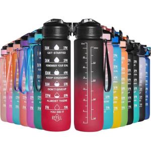 GeeRic Bouteille d&rsquo;eau, Bouteille d&rsquo;eau de Sport 1000 ML avec échelle et Marqueur de Temps, Grande Bouteille d&rsquo;eau étanche pour la Salle de Sport en Plein Air(Noir et Rouge)