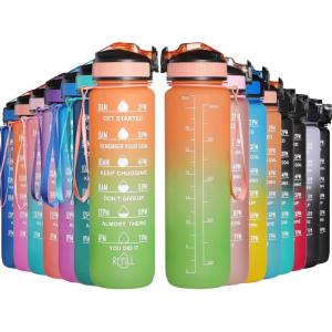 GeeRic Bouteille d&rsquo;eau, Bouteille d&rsquo;eau de Sport 1000 ML avec échelle et Marqueur de Temps, Grande Bouteille d&rsquo;eau étanche pour la Salle de Sport en Plein Air(Orange et Vert)
