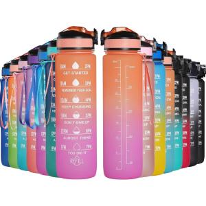 GeeRic Bouteille d&rsquo;eau, Bouteille d&rsquo;eau de Sport 1000 ML avec échelle et Marqueur de Temps, Grande Bouteille d&rsquo;eau étanche pour la Salle de Sport en Plein Air(Dégradé Orange et Rose)