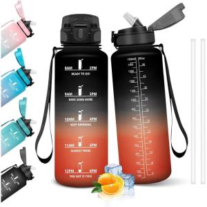 HoneyHolly Gourde, 1.5L Bouteille, Gourde Sport avec Paille, Gourde Motivation avec Marqueur de Temps, Bouteille d&rsquo;eau, Étanche, Bouteille d&rsquo;eau pour Randonnée, Camping, Fitness, Cyclisme(Nero Rosso – 1500ml)