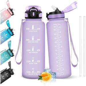 HoneyHolly Gourde, 1.5L Bouteille, Gourde Sport avec Paille, Gourde Motivation avec Marqueur de Temps, Bouteille d&rsquo;eau, Étanche, Bouteille d&rsquo;eau pour Randonnée, Camping, Fitness, Cyclisme(Viola Chiaro – 1500m)