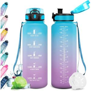 KollyKolla Gourde 1.5L, Gourde Sport, Bouteille Gym, Étanche & Réutilisable, Bouteille d&rsquo;eau avec Marqueur de Temps, Gourdes Graduée pour 1 Journee, sans BPA, l&rsquo;école, Voyage, Camping, Randonnée(50oz-1500ml | Bleu + Lilas)