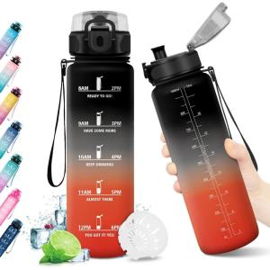 KollyKolla Gourde 1.5L, Gourde Sport, Bouteille Gym, Étanche & Réutilisable, Bouteille d&rsquo;eau avec Marqueur de Temps, Gourdes Graduée pour 1 Journee, sans BPA, l&rsquo;école, Voyage, Camping, Randonnée(32oz-1000ml | Noir + Rouge)