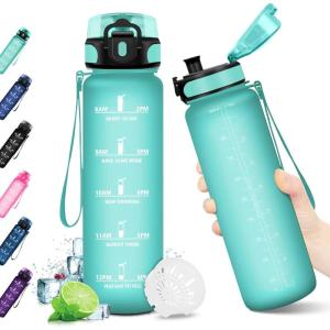 KollyKolla Gourde 1.5L, Gourde Sport, Bouteille Gym, Étanche & Réutilisable, Bouteille d&rsquo;eau avec Marqueur de Temps, Gourdes Graduée pour 1 Journee, sans BPA, l&rsquo;école, Voyage, Camping, Randonnée(32oz-1000ml | Mat Bleu-vert)