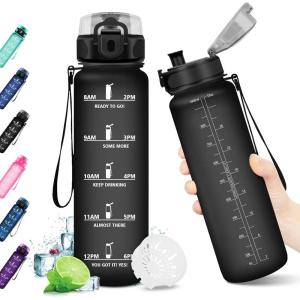 KollyKolla Gourde 1.5L, Gourde Sport, Bouteille Gym, Étanche & Réutilisable, Bouteille d&rsquo;eau avec Marqueur de Temps, Gourdes Graduée pour 1 Journee, sans BPA, l&rsquo;école, Voyage, Camping, Randonnée(32oz-1000ml | Mat Noir)