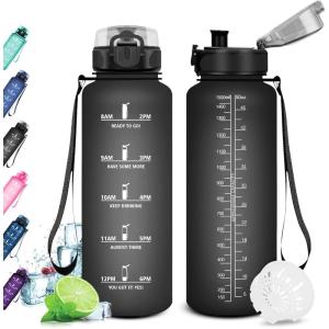 KollyKolla Gourde 1.5L, Gourde Sport, Bouteille Gym, Étanche & Réutilisable, Bouteille d&rsquo;eau avec Marqueur de Temps, Gourdes Graduée pour 1 Journee, sans BPA, l&rsquo;école, Voyage, Camping, Randonnée(50oz-1500ml | Mat Noir)