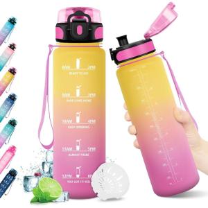 KollyKolla Gourde 1.5L, Gourde Sport, Bouteille Gym, Étanche & Réutilisable, Bouteille d&rsquo;eau avec Marqueur de Temps, Gourdes Graduée pour 1 Journee, sans BPA, l&rsquo;école, Voyage, Camping, Randonnée(32oz-1000ml | Jaune + Rose)