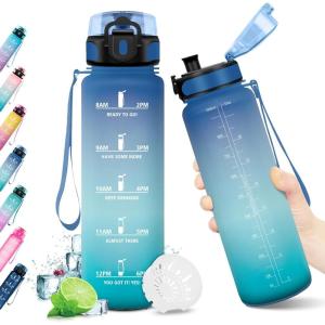 KollyKolla Gourde 1.5L, Gourde Sport, Bouteille Gym, Étanche & Réutilisable, Bouteille d&rsquo;eau avec Marqueur de Temps, Gourdes Graduée pour 1 Journee, sans BPA, l&rsquo;école, Voyage, Camping, Randonnée(32oz-1000ml | Bleu + Vert)
