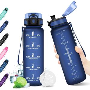 KollyKolla Gourde 1.5L, Gourde Sport, Bouteille Gym, Étanche & Réutilisable, Bouteille d&rsquo;eau avec Marqueur de Temps, Gourdes Graduée pour 1 Journee, sans BPA, l&rsquo;école, Voyage, Camping, Randonnée(17oz-500ml | Mat Marine Bleu)
