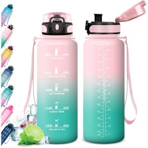 KollyKolla Gourde 1.5L, Gourde Sport, Bouteille Gym, Étanche & Réutilisable, Bouteille d&rsquo;eau avec Marqueur de Temps, Gourdes Graduée pour 1 Journee, sans BPA, l&rsquo;école, Voyage, Camping, Randonnée(50oz-1500ml | Rose + Cyan)
