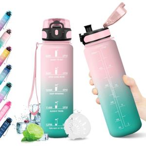 KollyKolla Gourde 1.5L, Gourde Sport, Bouteille Gym, Étanche & Réutilisable, Bouteille d&rsquo;eau avec Marqueur de Temps, Gourdes Graduée pour 1 Journee, sans BPA, l&rsquo;école, Voyage, Camping, Randonnée(17oz-500ml | Rose + Cyan)