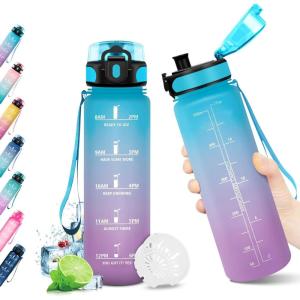 KollyKolla Gourde 1.5L, Gourde Sport, Bouteille Gym, Étanche & Réutilisable, Bouteille d&rsquo;eau avec Marqueur de Temps, Gourdes Graduée pour 1 Journee, sans BPA, l&rsquo;école, Voyage, Camping, Randonnée(17oz-500ml | Bleu + Lilas)