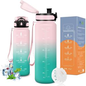 Vikaster Bouteille d&rsquo;eau, Gourde 500ml/1000ml/1500ml, sans BPA, Étanche & Réutilisable, Convient Pour la Sport, Gourde Randonnée, Yoga, Camping, Gym(B-rose & Cyan)