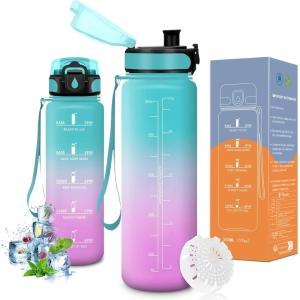 Vikaster Bouteille d&rsquo;eau, Gourde 500ml/1000ml/1500ml, sans BPA, Étanche & Réutilisable, Convient Pour la Sport, Gourde Randonnée, Yoga, Camping, Gym(B-vert – Violet)