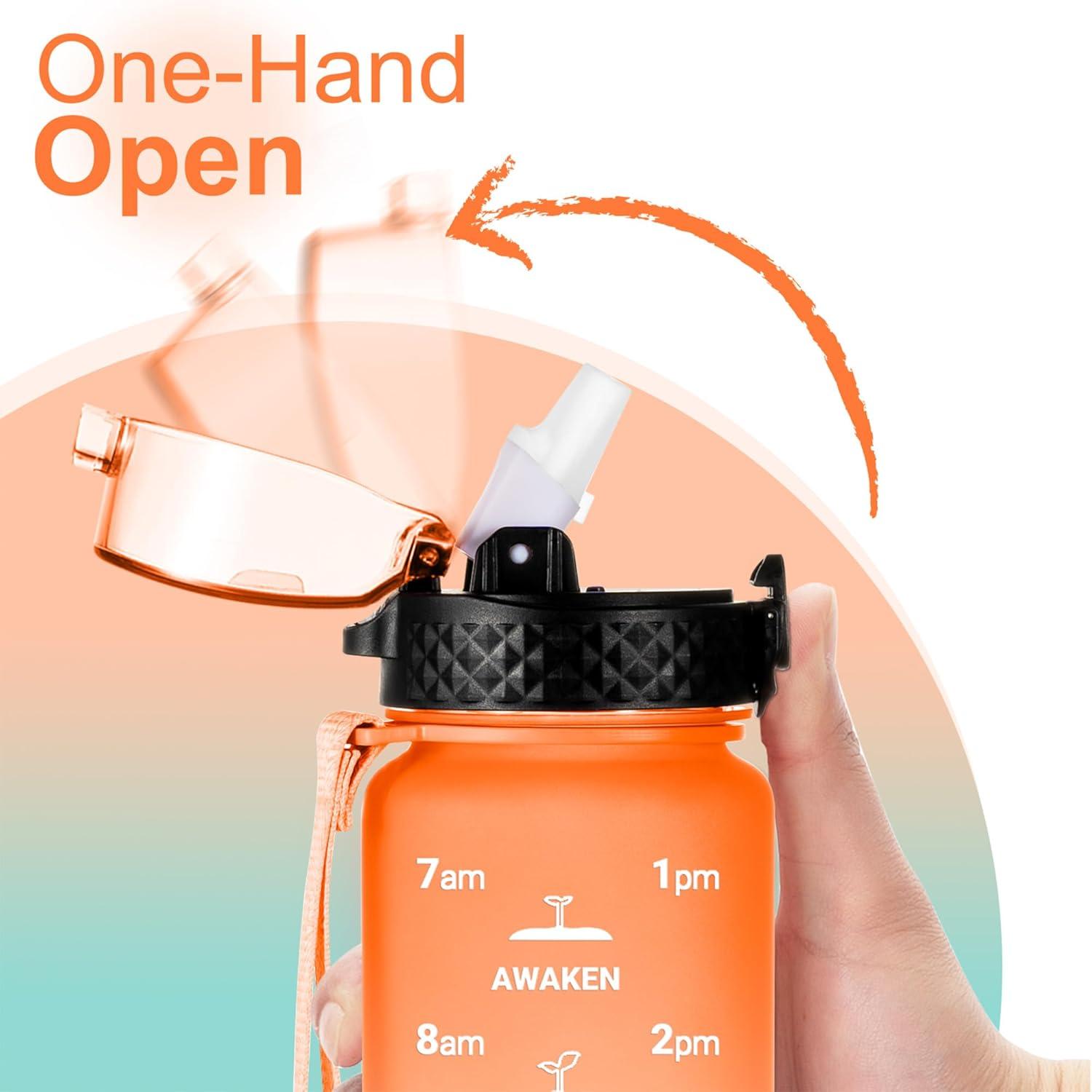 image:imageGOPPUS 1L32oz Bouteille deau avec paille Motivational tanche Boissons Bouteille avec marquages de lheure Tritan Bouteille de Sport pour lcole de Gym Grande bouteille deau pour Adulte Sans BPAVert Orang