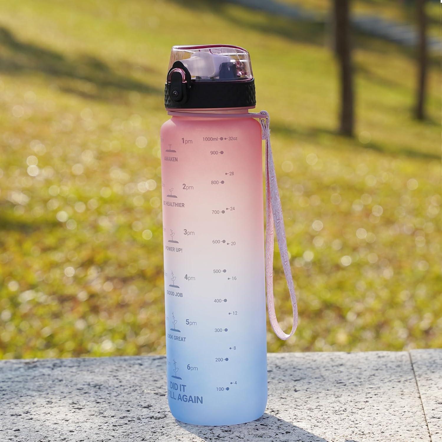 image:imageGOPPUS 1L32oz Bouteille deau avec paille Motivational tanche Boissons Bouteille avec marquages de lheure Tritan Bouteille de Sport pour lcole de Gym Grande bouteille deau pour Adulte Sans BPARose Bleu