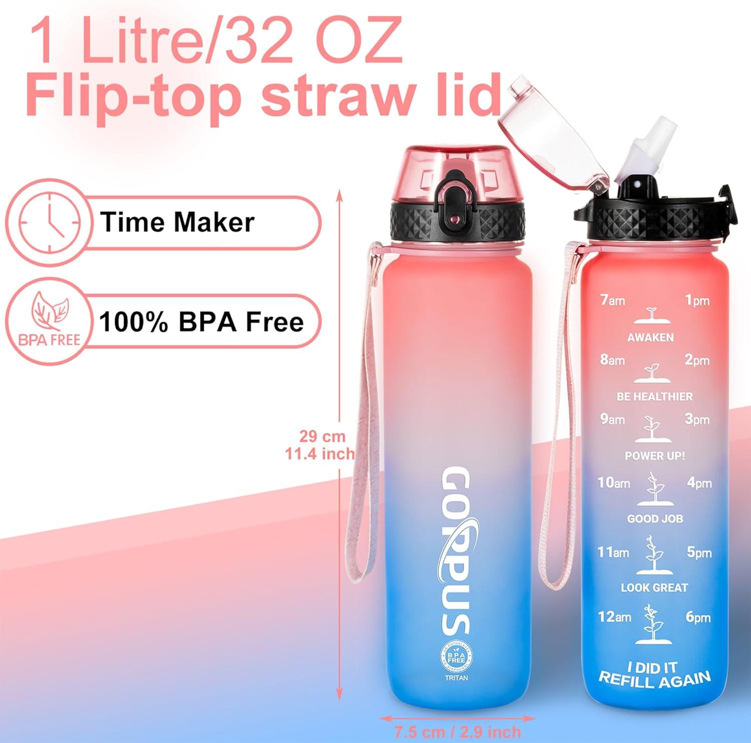 image:imageGOPPUS 1L32oz Bouteille deau avec paille Motivational tanche Boissons Bouteille avec marquages de lheure Tritan Bouteille de Sport pour lcole de Gym Grande bouteille deau pour Adulte Sans BPARose Bleu