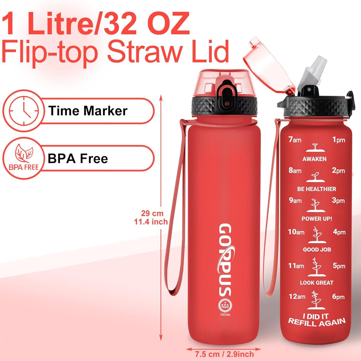 image:imageGOPPUS 1L32oz Bouteille deau avec paille Motivational tanche Boissons Bouteille avec marquages de lheure Tritan Bouteille de Sport pour lcole de Gym Grande bouteille deau pour Adulte Sans BPARouge