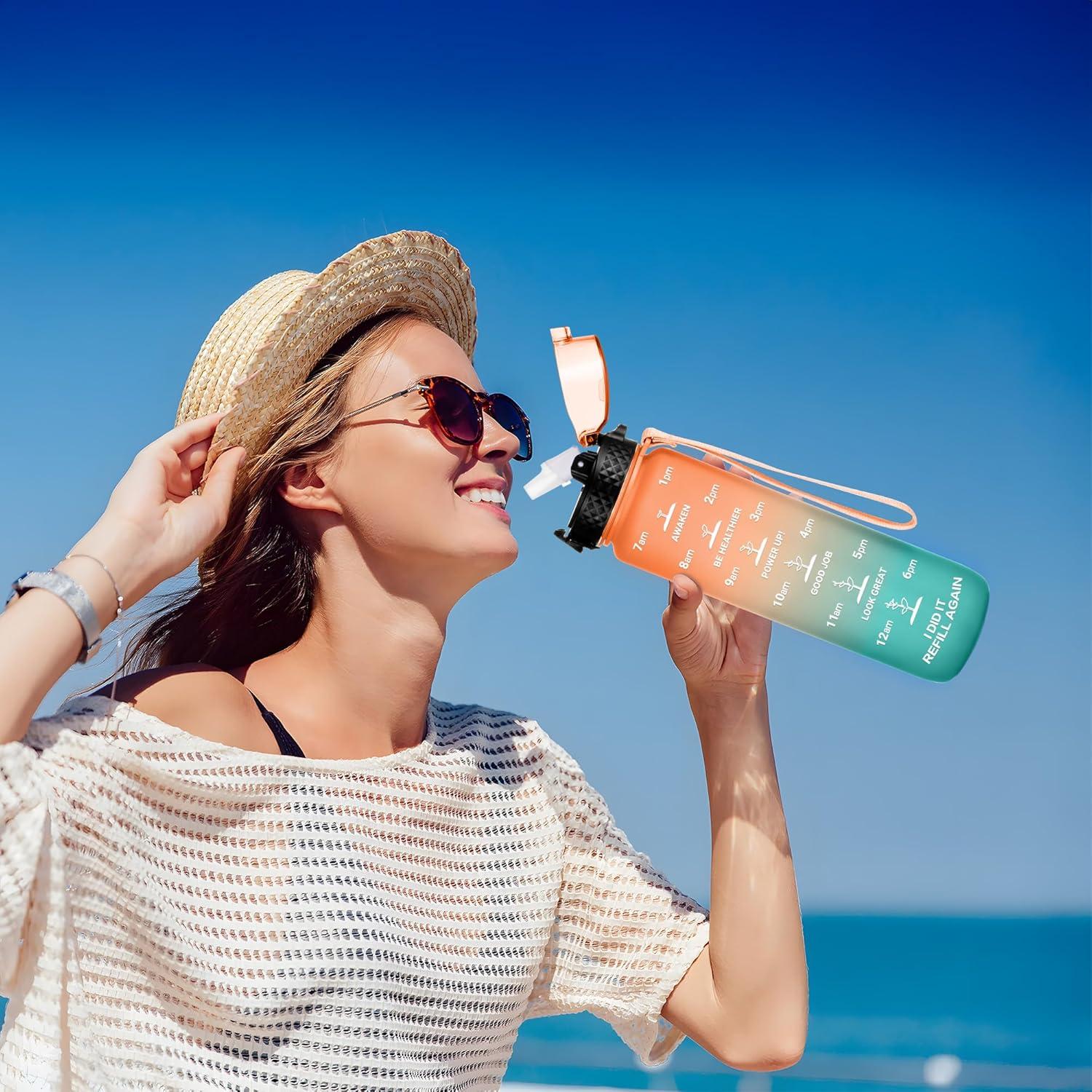image:imageGOPPUS 1L32oz Bouteille deau avec paille Motivational tanche Boissons Bouteille avec marquages de lheure Tritan Bouteille de Sport pour lcole de Gym Grande bouteille deau pour Adulte Sans BPAVert Orang