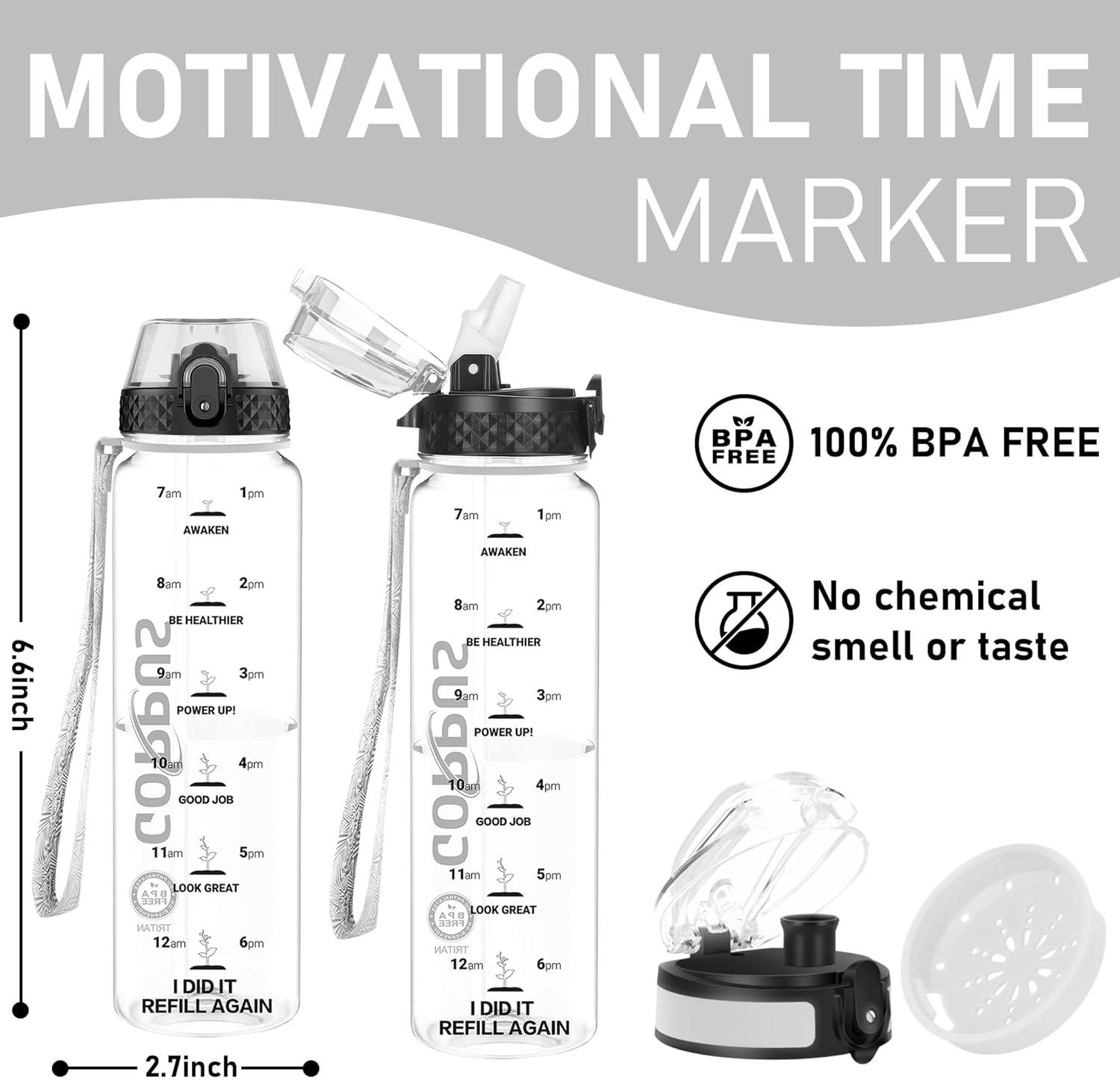 image:imageGOPPUS 1L32oz Bouteille deau avec paille Motivational tanche Boissons Bouteille avec marquages de lheure Tritan Bouteille de Sport pour lcole de Gym Grande bouteille deau pour Adulte Sans BPATransparent